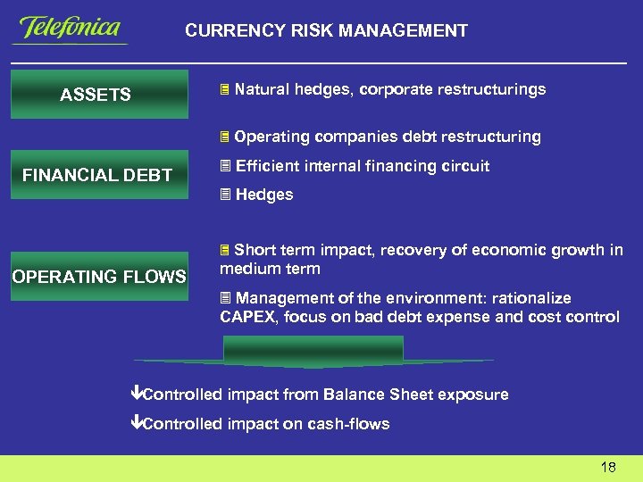 CURRENCY RISK MANAGEMENT ASSETS 3 Natural hedges, corporate restructurings 3 Operating companies debt restructuring