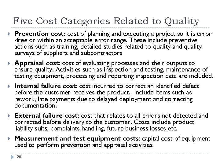 Five Cost Categories Related to Quality Prevention cost: cost of planning and executing a