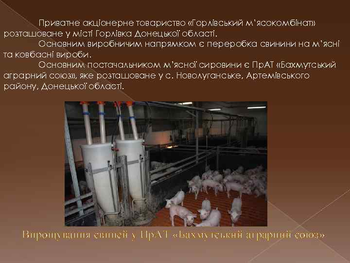 Приватне акціонерне товариство «Горлівський м’ясокомбінат» розташоване у місті Горлівка Донецької області. Основним виробничим напрямком