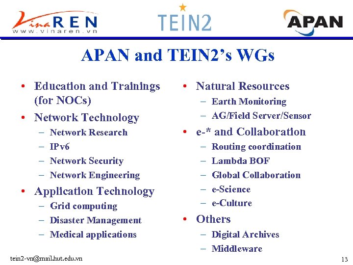 APAN and TEIN 2’s WGs • Education and Trainings (for NOCs) • Network Technology