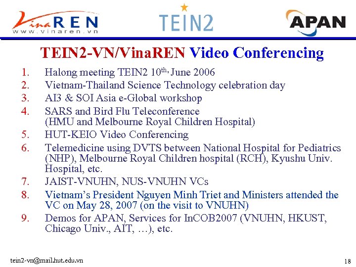 TEIN 2 -VN/Vina. REN Video Conferencing 1. 2. 3. 4. 5. 6. 7. 8.