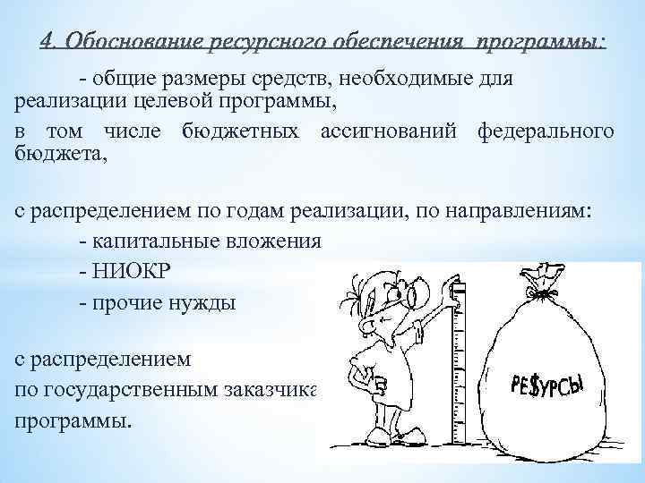 - общие размеры средств, необходимые для реализации целевой программы, в том числе бюджетных ассигнований