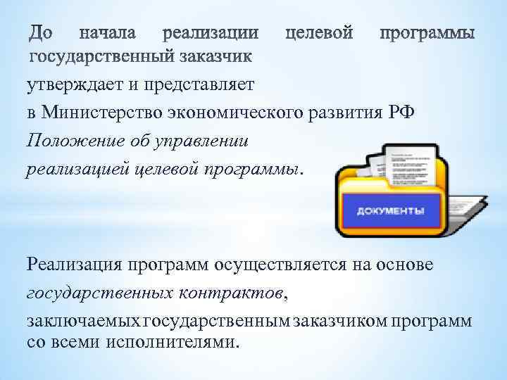 утверждает и представляет в Министерство экономического развития РФ Положение об управлении реализацией целевой программы.