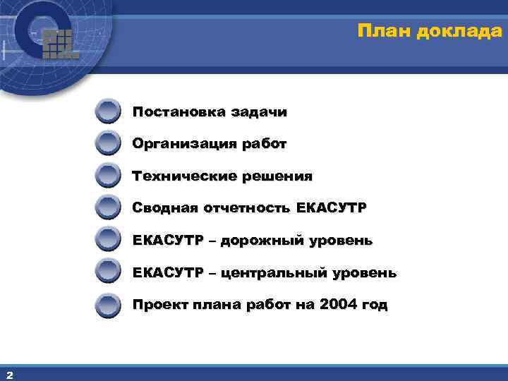 План доклада Постановка задачи Организация работ Технические решения Сводная отчетность ЕКАСУТР – дорожный уровень