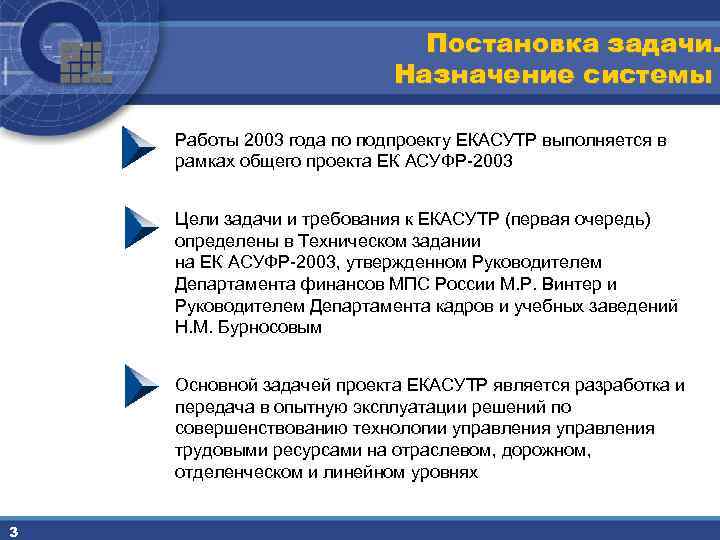 Постановка задачи. Назначение системы Работы 2003 года по подпроекту ЕКАСУТР выполняется в рамках общего