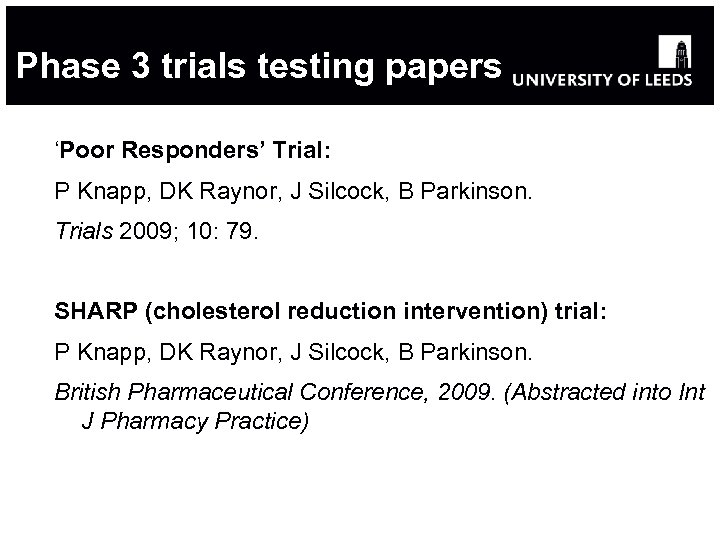 Phase 3 trials testing papers ‘Poor Responders’ Trial: P Knapp, DK Raynor, J Silcock,