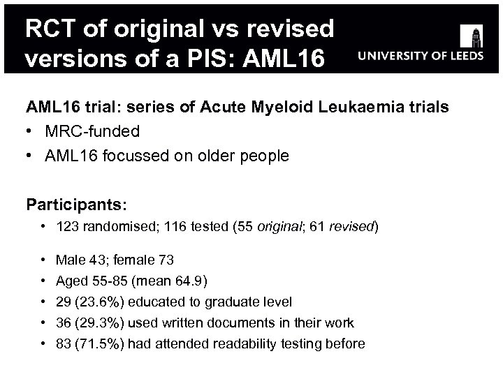 RCT of original vs revised versions of a PIS: AML 16 trial: series of