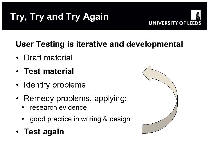 Try, Try and Try Again User Testing is iterative and developmental • Draft material