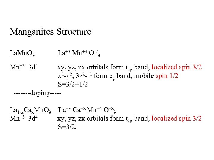 Manganites Structure La. Mn. O 3 La+3 Mn+3 O-23 Mn+3 3 d 4 xy,