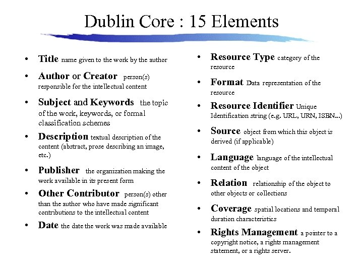 Dublin Core : 15 Elements • Title name given to the work by the