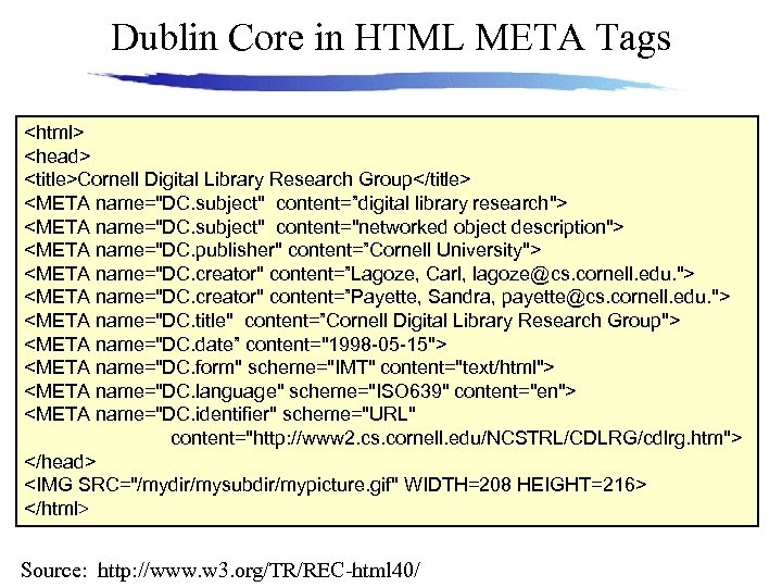 Dublin Core in HTML META Tags <html> <head> <title>Cornell Digital Library Research Group</title> <META