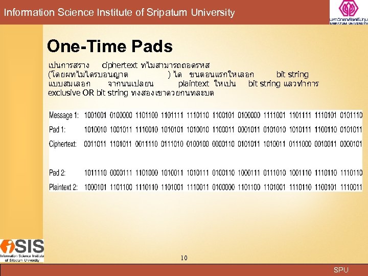 Information Science Institute of Sripatum University One-Time Pads เปนการสราง ciphertext ทไมสามารถถอดรหส (โดยผทไมไดรบอนญาต ) ได