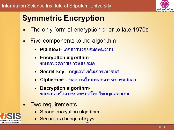 Information Science Institute of Sripatum University Symmetric Encryption The only form of encryption prior