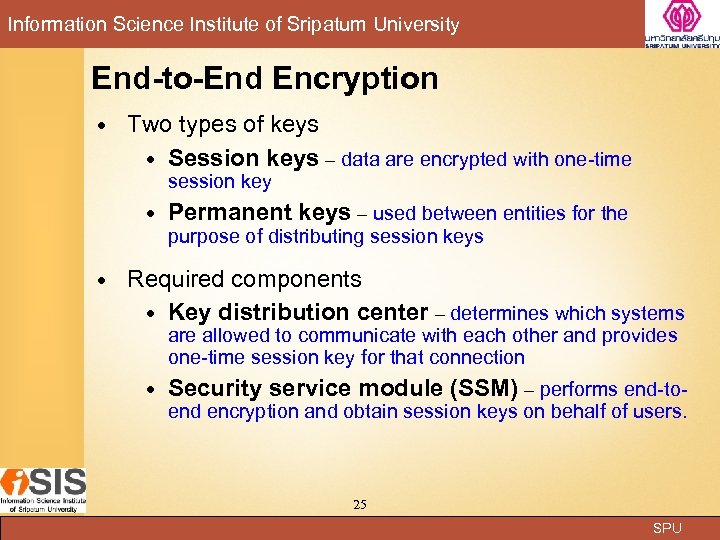 Information Science Institute of Sripatum University End-to-End Encryption Two types of keys Session keys