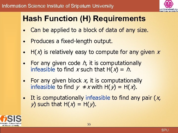 Information Science Institute of Sripatum University Hash Function (H) Requirements Can be applied to