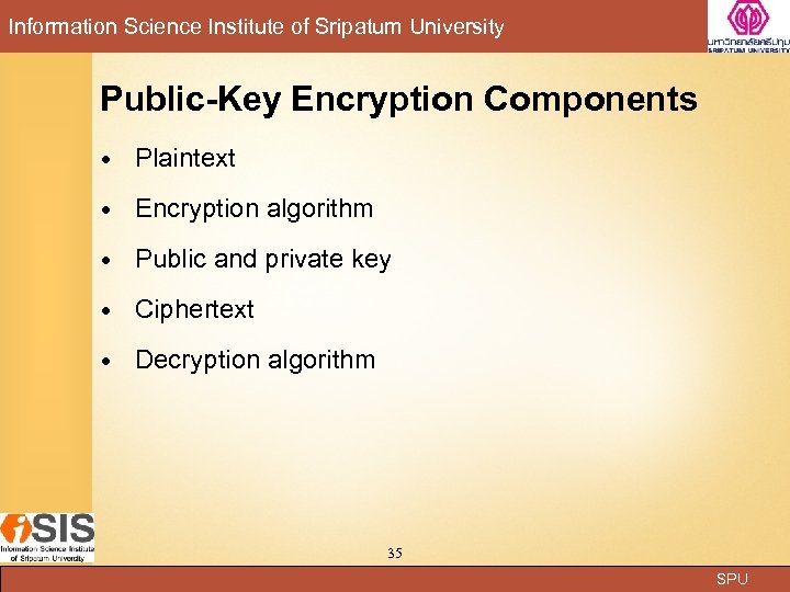 Information Science Institute of Sripatum University Public-Key Encryption Components Plaintext Encryption algorithm Public and