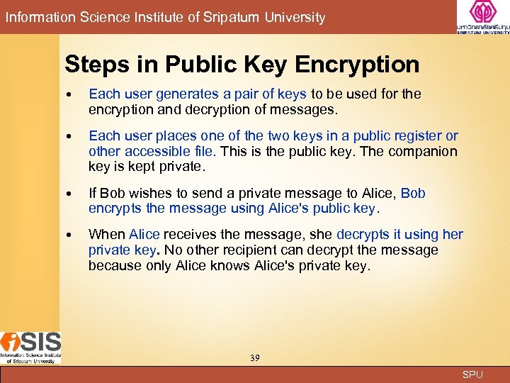 Information Science Institute of Sripatum University Steps in Public Key Encryption Each user generates