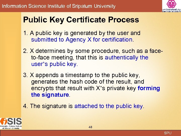 Information Science Institute of Sripatum University Public Key Certificate Process 1. A public key