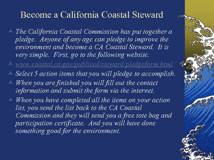 Become a California Coastal Steward © The California Coastal Commission has put together a