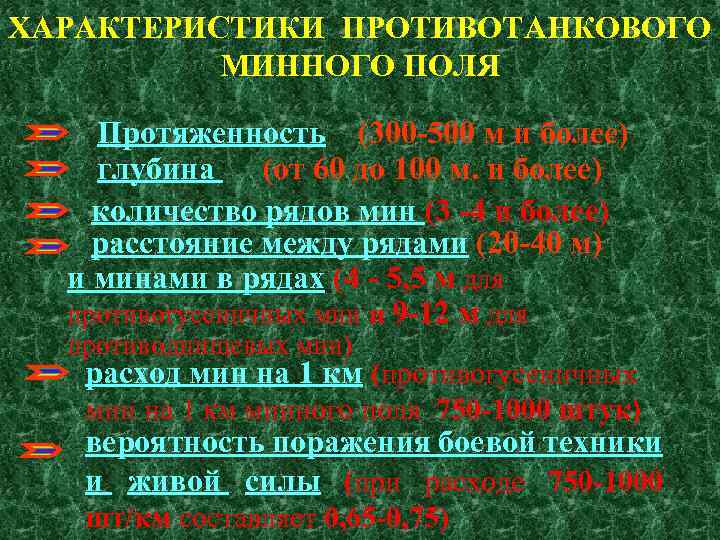 ХАРАКТЕРИСТИКИ ПРОТИВОТАНКОВОГО МИННОГО ПОЛЯ Протяженность (300 -500 м и более) глубина (от 60 до