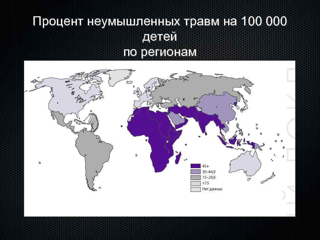 Процент неумышленных травм на 100 000 детей по регионам 