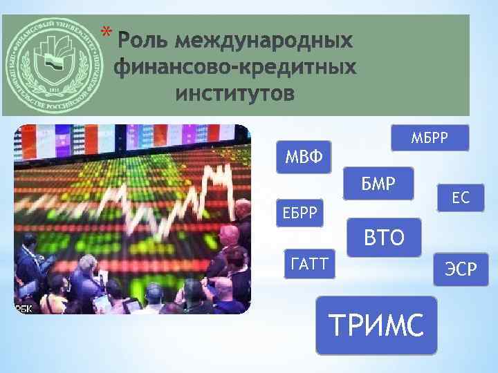 * МБРР МВФ БМР ЕБРР ЕС ВТО ГАТТ ТРИМС ЭСР 