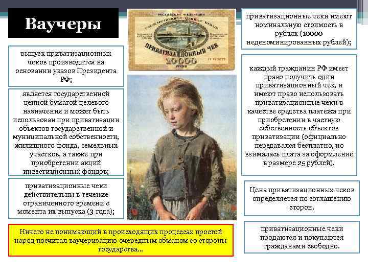 Ваучеры выпуск приватизационных чеков производится на основании указов Президента РФ; является государственной ценной бумагой
