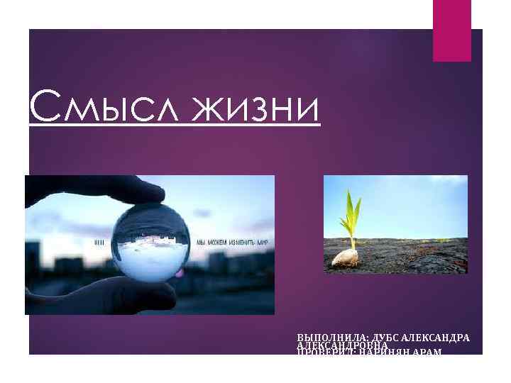 Смысл жизни ВЫПОЛНИЛА: ДУБС АЛЕКСАНДРА АЛЕКСАНДРОВНА ПРОВЕРИЛ: НАРИНЯН АРАМ АНАТОЛЬЕВИЧ 