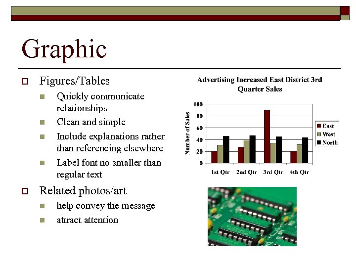 Graphic o Figures/Tables n n o Quickly communicate relationships Clean and simple Include explanations