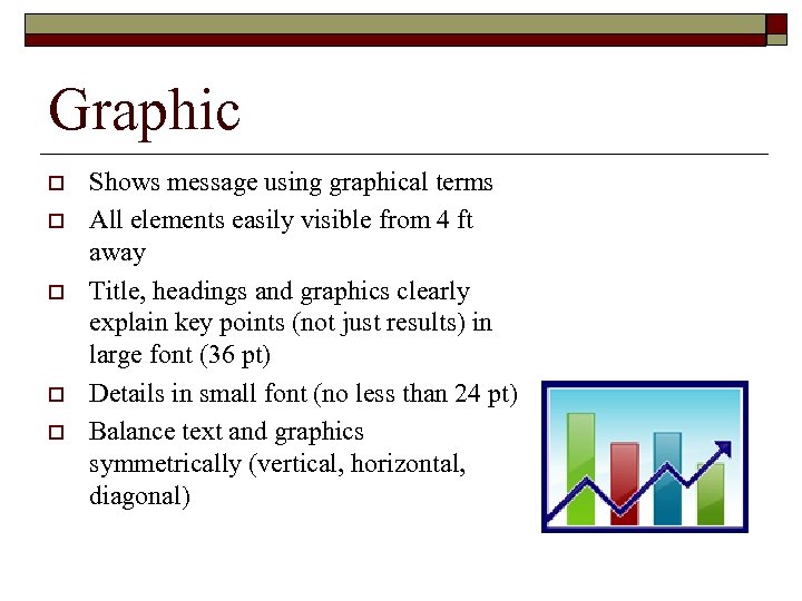 Graphic o o o Shows message using graphical terms All elements easily visible from