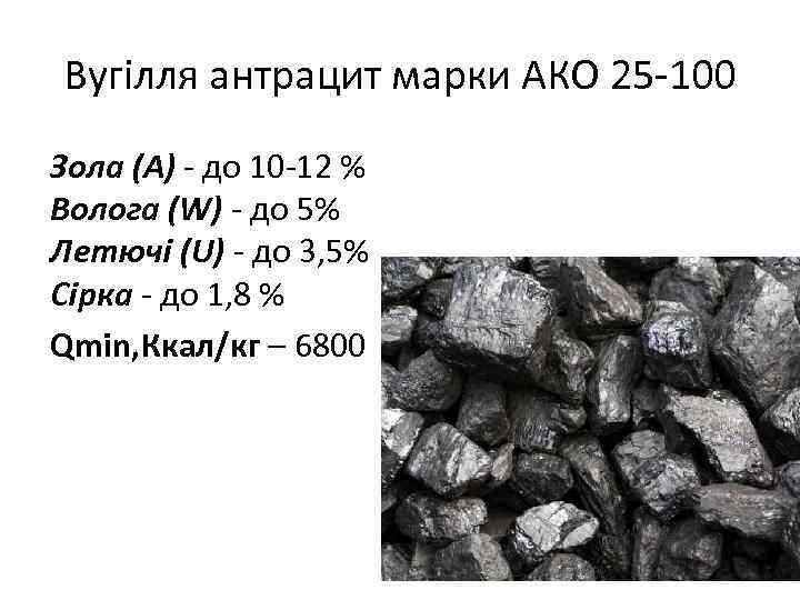 Вугілля антрацит марки АКО 25 -100 Зола (А) - до 10 -12 % Волога