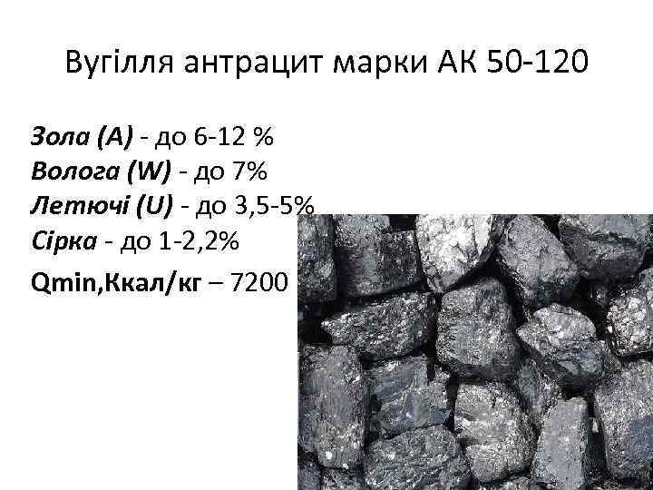 Вугілля антрацит марки АК 50 -120 Зола (А) - до 6 -12 % Волога