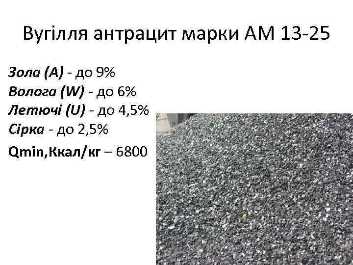 Вугілля антрацит марки АМ 13 -25 Зола (А) - до 9% Волога (W) -