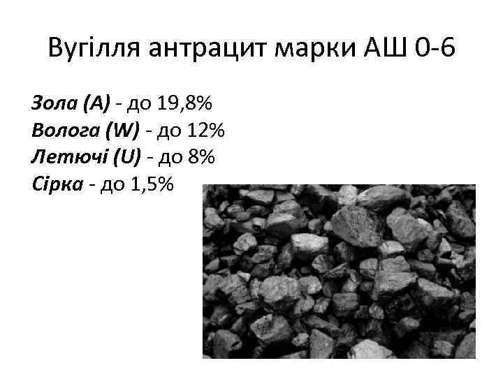 Вугілля антрацит марки АШ 0 -6 Зола (А) - до 19, 8% Волога (W)