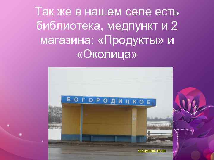 Так же в нашем селе есть библиотека, медпункт и 2 магазина: «Продукты» и «Околица»