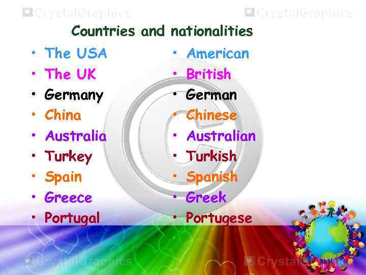 Countries and nationalities • • • The USA The UK Germany China Australia Turkey