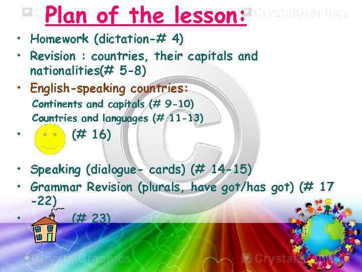 Plan of the lesson: • Homework (dictation-# 4) • Revision : countries, their capitals