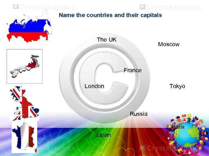 Name the countries and their capitals The UK Moscow France Tokyo London Russia Paris