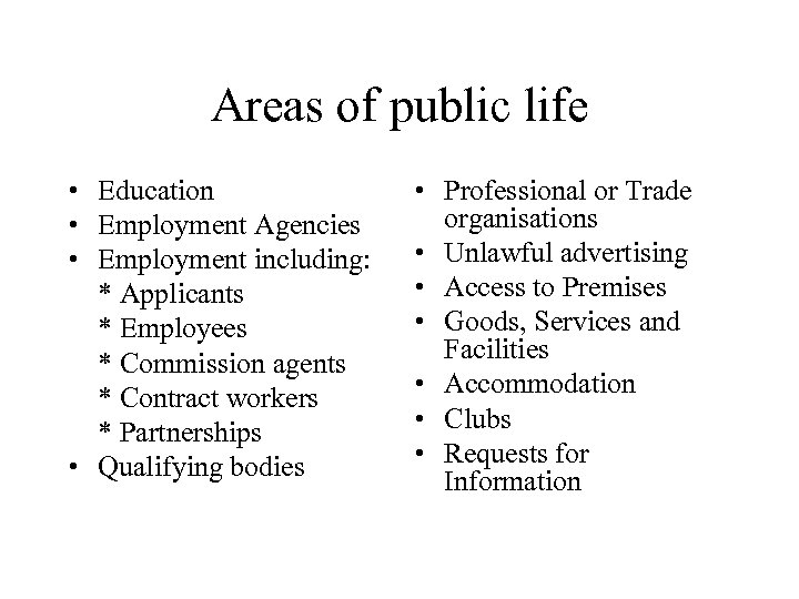 Areas of public life • Education • Employment Agencies • Employment including: * Applicants