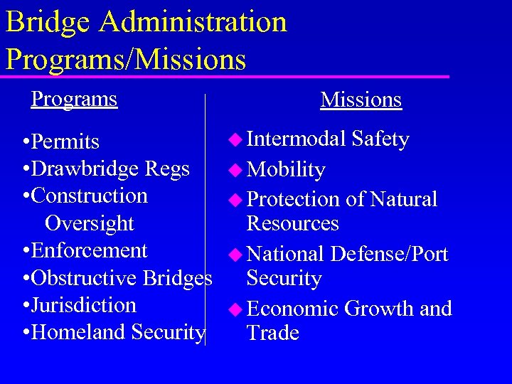 Bridge Administration Programs/Missions Programs • Permits • Drawbridge Regs • Construction Oversight • Enforcement