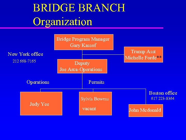 BRIDGE BRANCH Organization Bridge Program Manager Gary Kassof New York office 212 668 -7165
