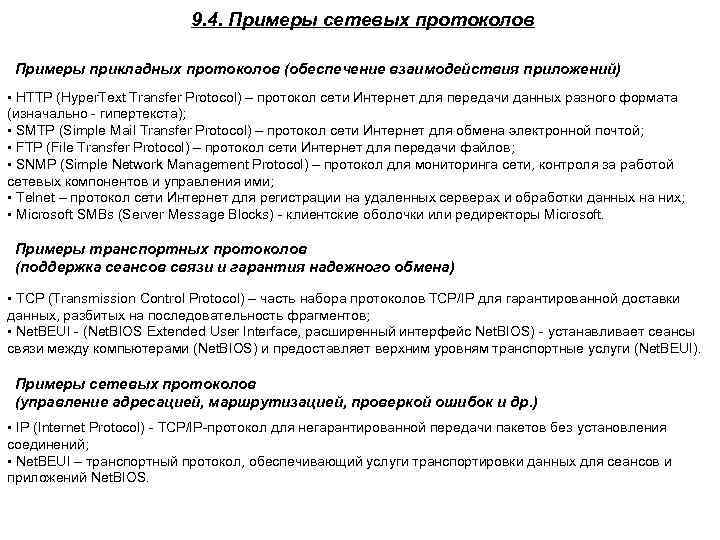 9. 4. Примеры сетевых протоколов Примеры прикладных протоколов (обеспечение взаимодействия приложений) • HTTP (Hyper.