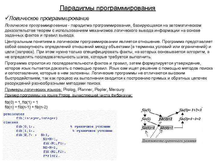 Парадигмы программирования üЛогическое программирование - парадигма программирования, базирующаяся на автоматическом доказательстве теорем с использованием