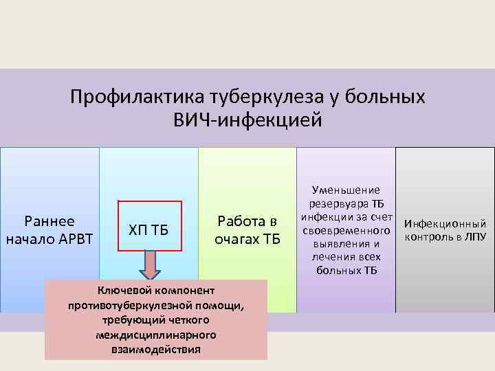 Профилактика туберкулеза у больных ВИЧ-инфекцией Раннее начало АРВТ ХП ТБ Работа в очагах ТБ