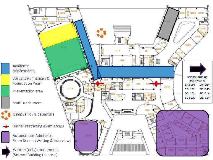 Academic departments Student Admissions & Foundation Year Presentation area Staff Lunch room Campus Tours