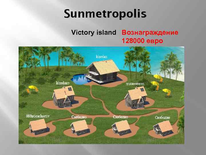 Sunmetropolis Victory island Вознаграждение 128000 евро 