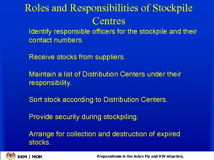 Roles and Responsibilities of Stockpile Centres Identify responsible officers for the stockpile and their