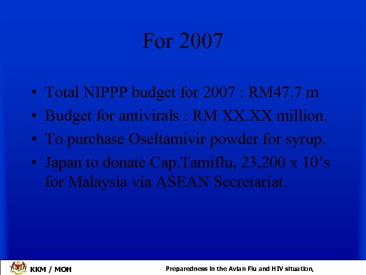 For 2007 • • Total NIPPP budget for 2007 : RM 47. 7 m