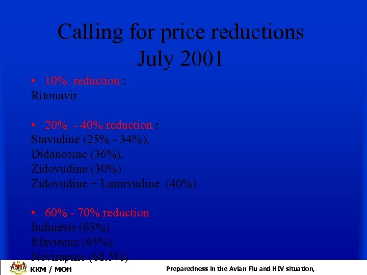 Calling for price reductions July 2001 • 10% reduction : Ritonavir • 20% -