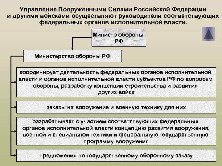 Управление Вооруженными Силами Российской Федерации и другими войсками осуществляют руководители соответствующих федеральных органов исполнительной